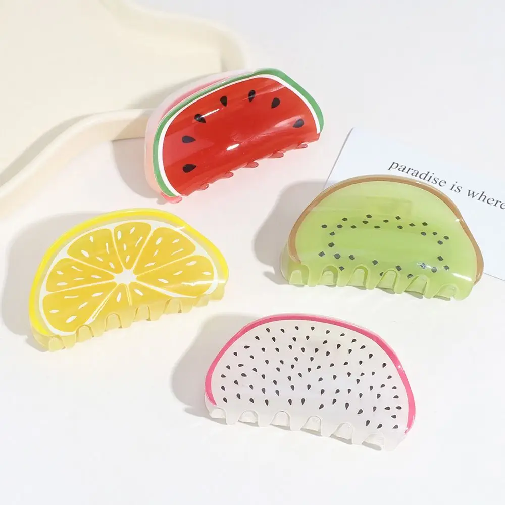 Korean Kawaii Acrylic Summer Watermelon Hair Claw Chic Kiwifruit Lemon Shark Clip Fruits Sweet Creative Fashion Headdress