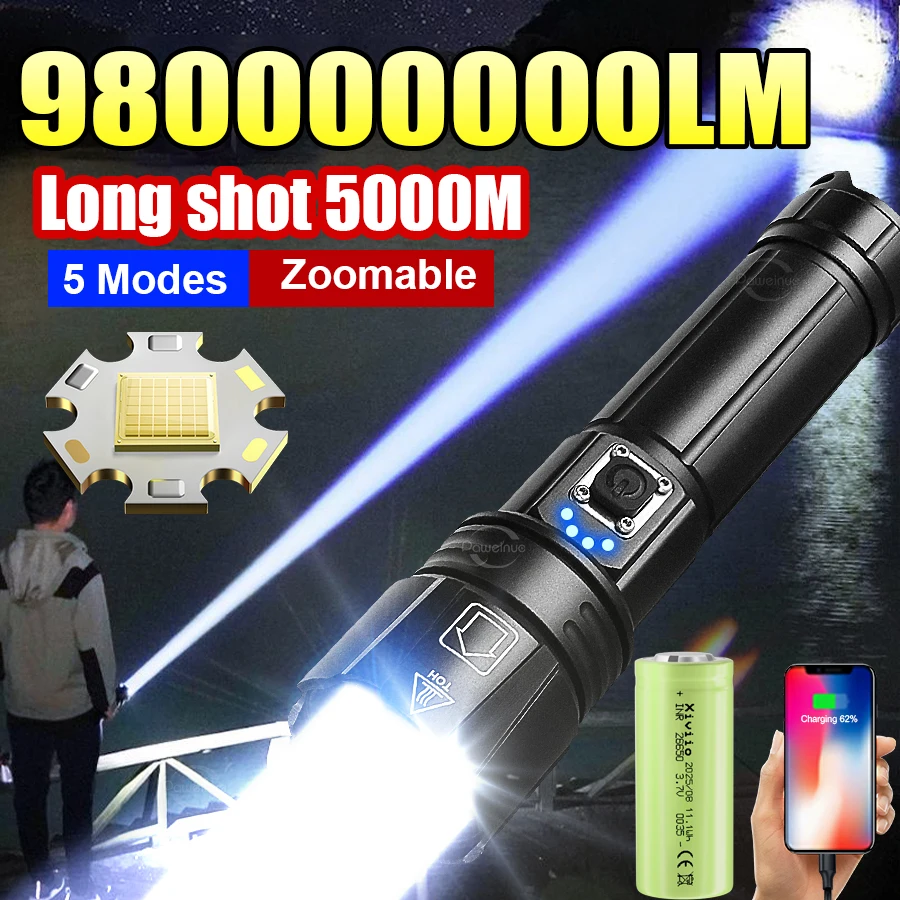 2026 High Brightness LED Flashlight Long Range 5000M Torch Light 980000000LM Rechargeable Portable Lamp Outdoor Camping Lantern