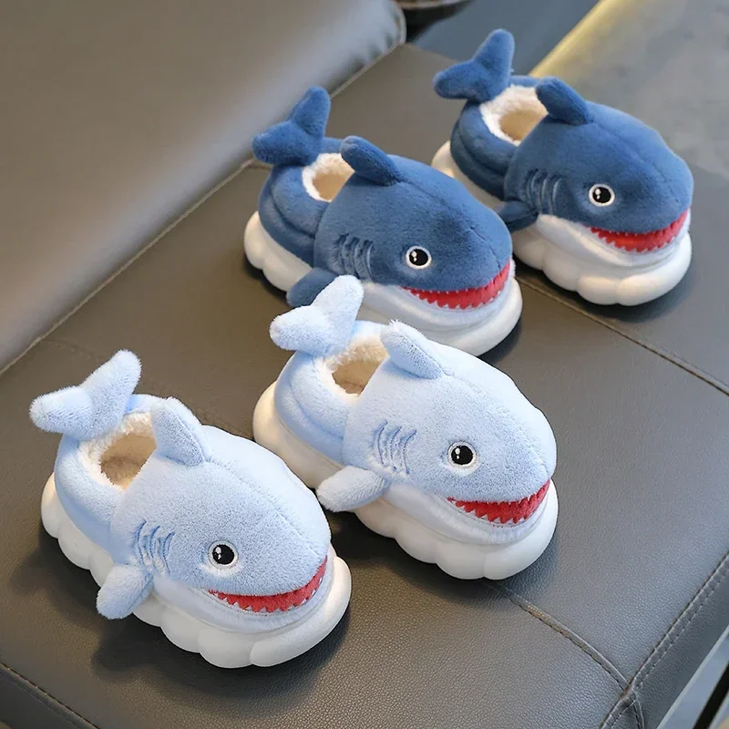 New Winter Wrap Heels Cute Cartoon Shark Cotton Slippers Children\'s Non-slip Soft For Kids Girls Boys Baby Warm Plush Home Shoes