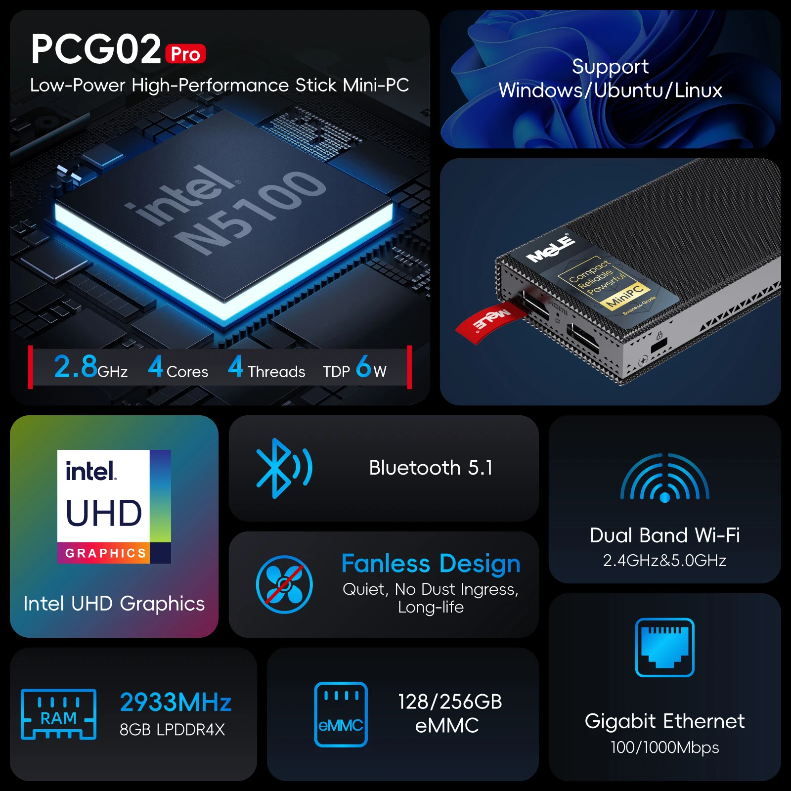 MeLE PCG02 Pro Fanless Mini PC Stick N5100 8GB/256GB, WiFi5 USB