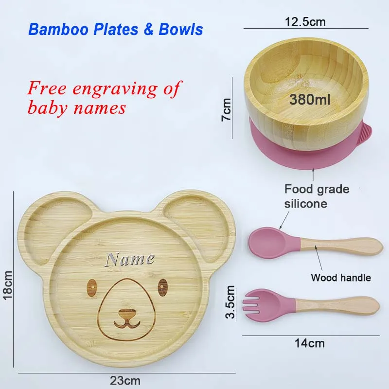 Baby Bamboo Feeding Plate Bowl Personalized Name Baby Feeding Set Kids Supplie Bamboo Dinnerware Silicone Tableware Newborn Gift