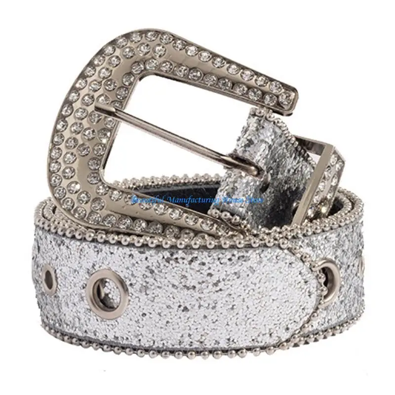 

E56A Locomotive Waist Belt Shinning Buckle Belts for Woman Men Luxurious Full Sequins Waist Strap for Jeans Dress