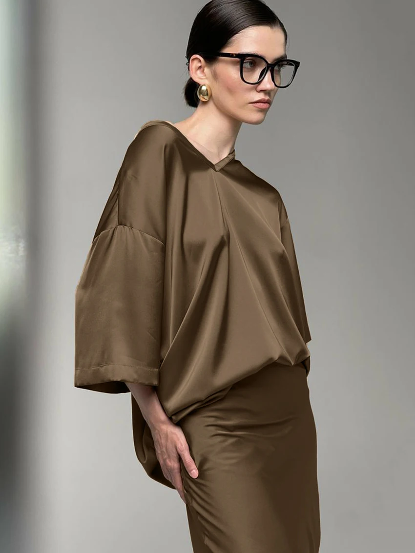 Marthaqiqi Casual Ladies Pajamas Set V-Neck Sleepwear Three Quarter Sleeve Nightgowns Long Skirt Female Nightwear 2 Piece Suits