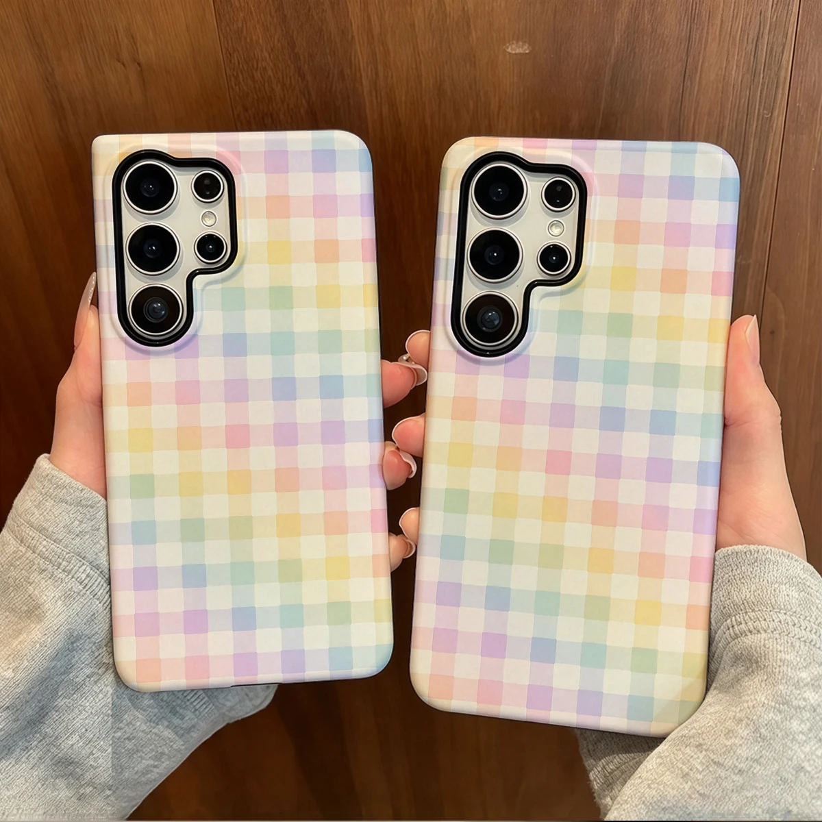 Pastel Checker Phone Case For Samsung Galaxy S26 S25 Ultra S24 S23 Plus Hard Shock‑Absorption 2-in-1Protective Cover