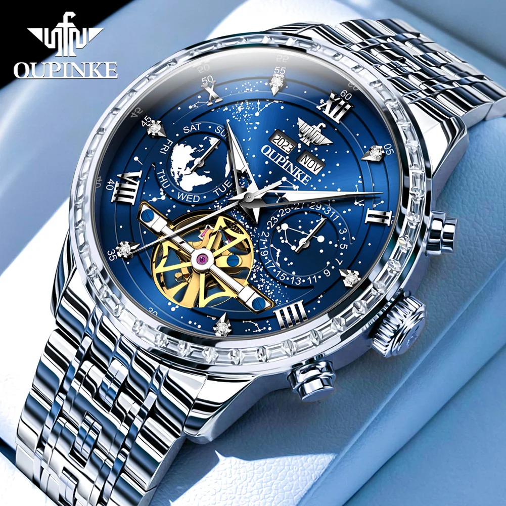 

OUPINKE 3255 New High Quality Mens Watch Luxury Sky Automatic Mechanical Watch﻿ 50M Waterproof Tungsten Steel Watches Gift Box