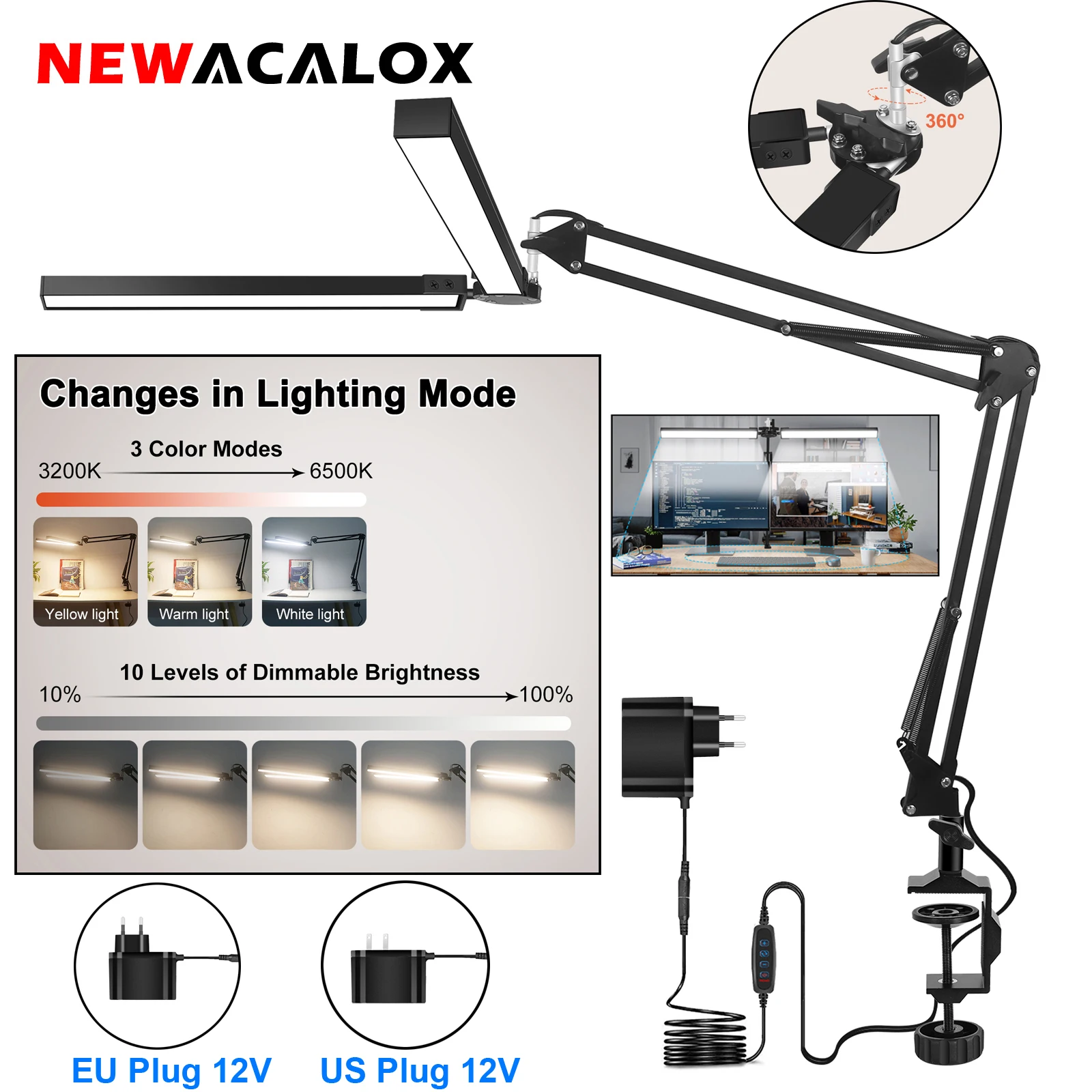 newacalox led lampada de mesa para home office lampada de mesa dupla cabeca com bracadeira braco balanco flexivel stepless regulavel modos de cor 24w 01