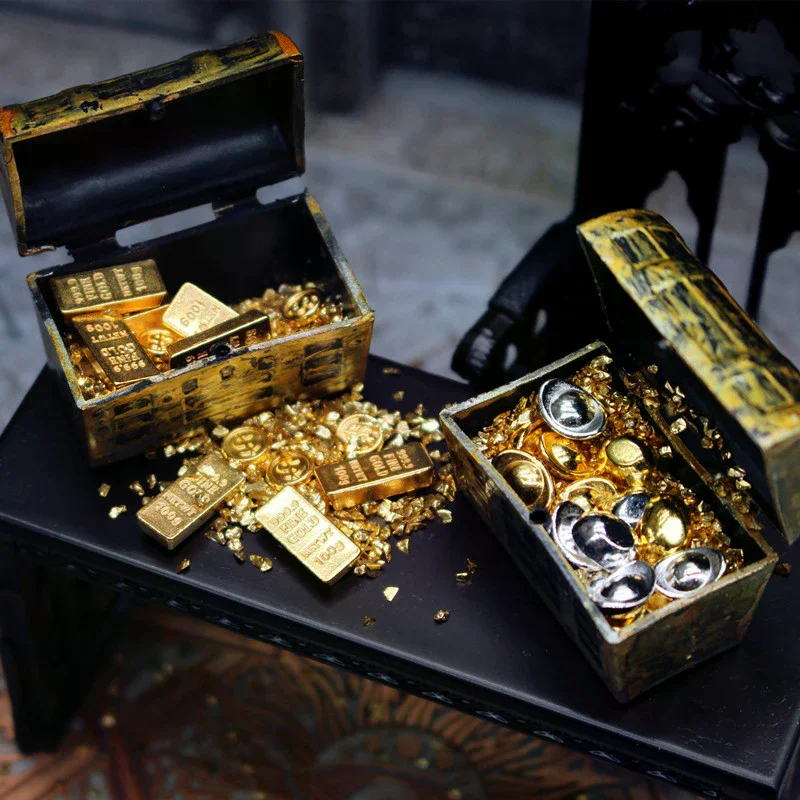 แท่งทองคำจำลอง 1/12 ในกล่องสมบัติ ชุดของเล่นบทบาทสมมติสำหรับเด็ก