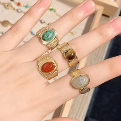 2025 Retro Women Stainless Steel Waterproof Rings Unique High Quality Bohemia Natural Stone Wide Rings Open Jewelry Party Gift