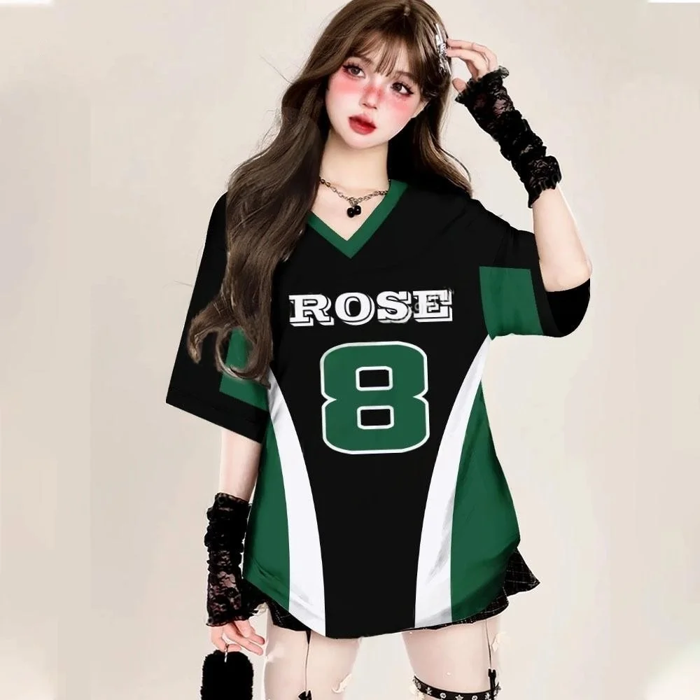 

ROSE номер 8, женская футболка с v-образным вырезом и коротким рукавом, летние модные футболки, бейсбольные майки, спортивная футболка большого размера в полоску