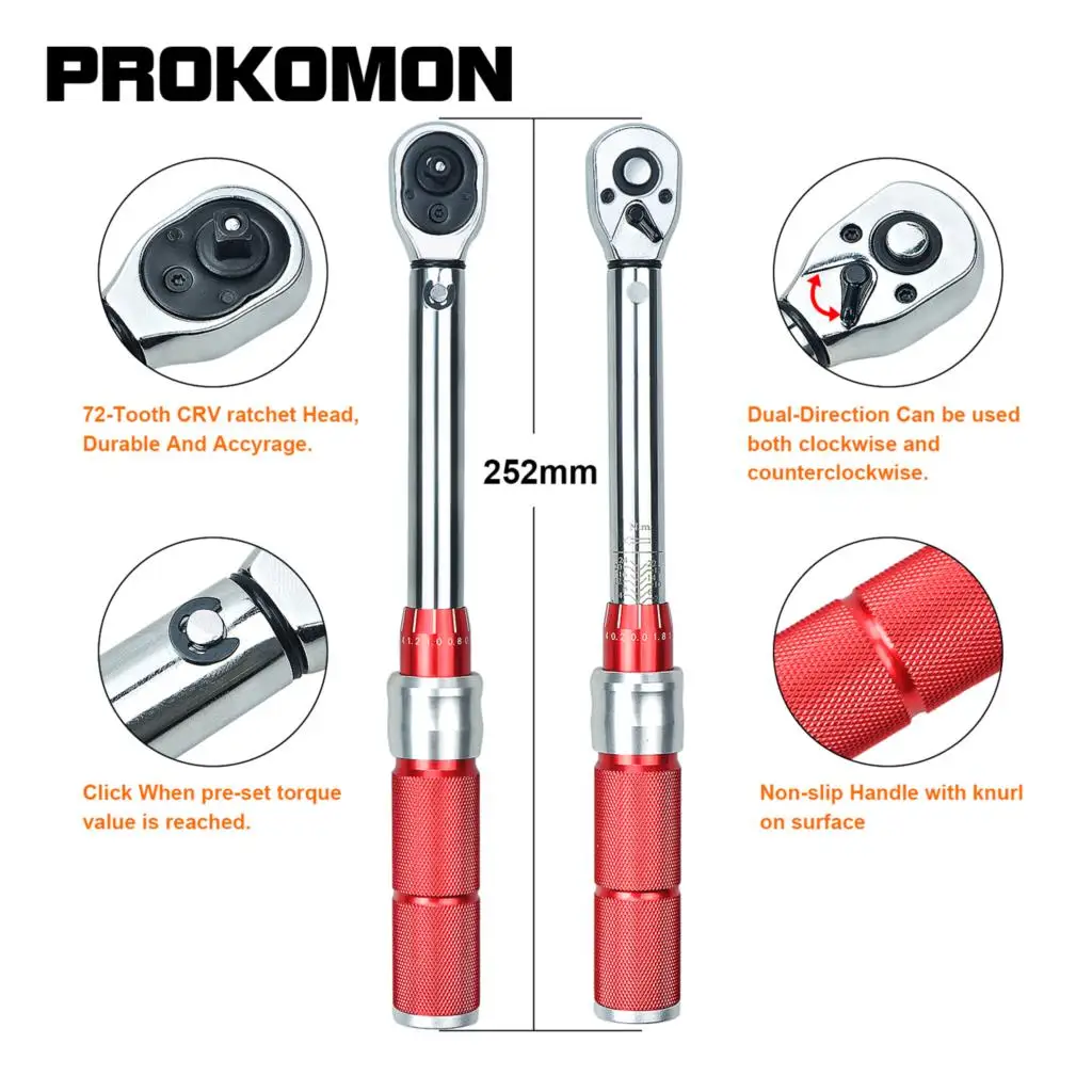 Prokomon Bike Torque Wrench 1/4\'\', 5-25Nm, 0.1Nm Micro, Drive Click Torque Wrench Set, Hex, Torx/Star Bit Sockets, Extension Bar