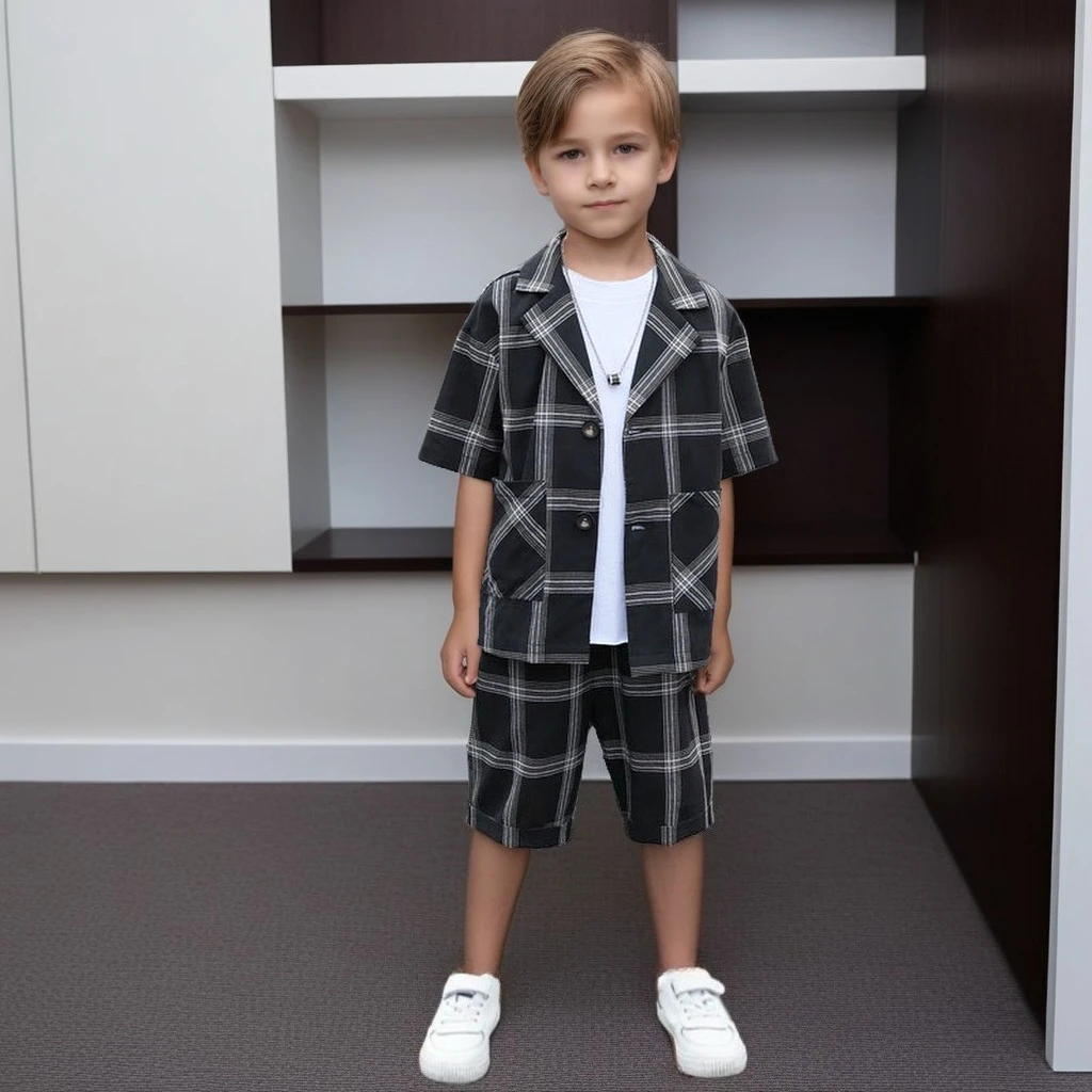 

Boys' Summer Suit Set Trendy Plaid Blazer Shorts 2-Piece Outfit Short Sleeve Formal Wear for Kids Host Performance Costume 10 Y