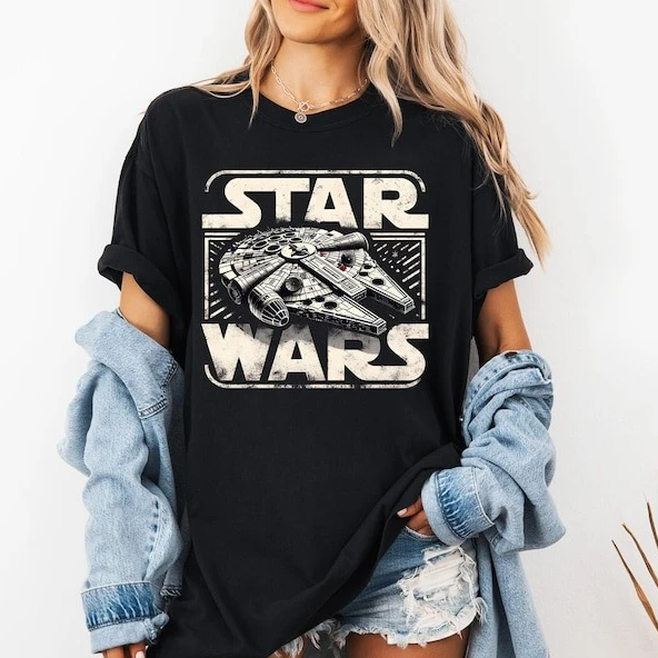 

Футболка Millennium Falcon с короткими рукавами и принтом, винтажная футболка с графическим рисунком «Звездные войны», подарок для мужчин и женщин, классическая футболка с фильмом