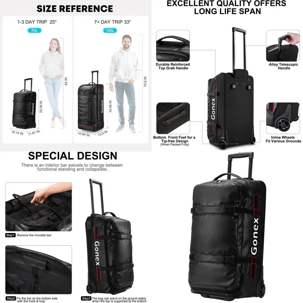 70L Water-Resistant 25 Wheeled Travel Duffle Bag with Rollers, Black