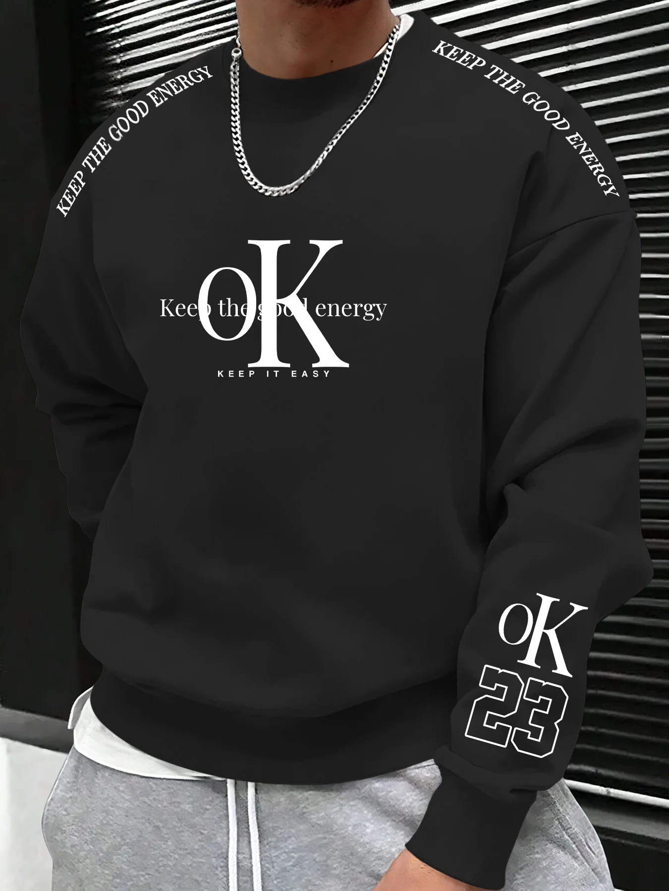 OK Slogan Letter Number Print Sweatshirt, Men Oversized Drop Shoulder Casual Street Pullover
