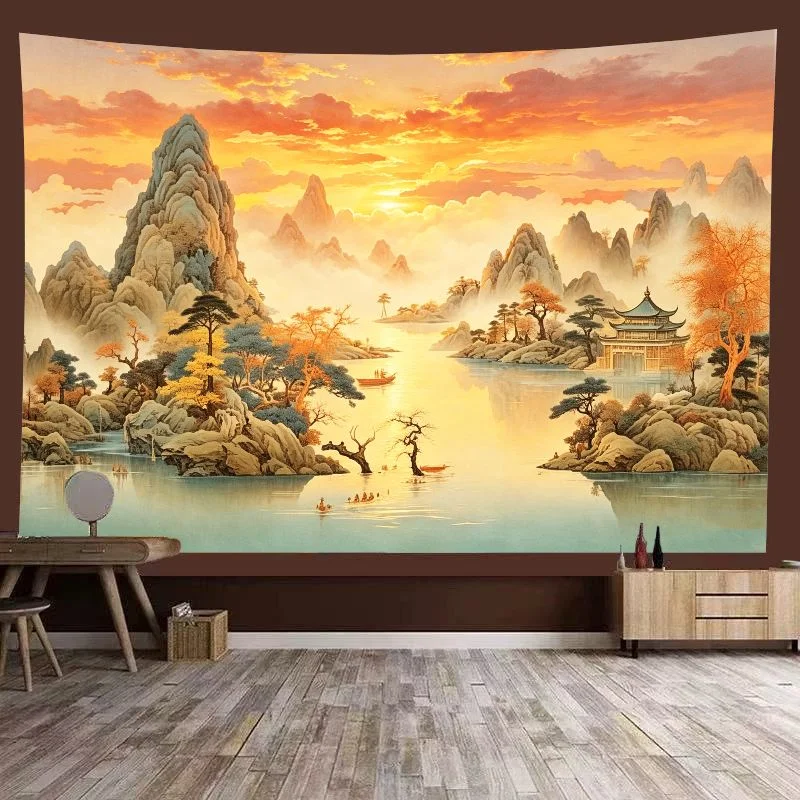 VIKAMA Sunset Landscape Tapestry: Zen-inspired wall decoration for living rooms, tea rooms and bedrooms in the New Chinese style
