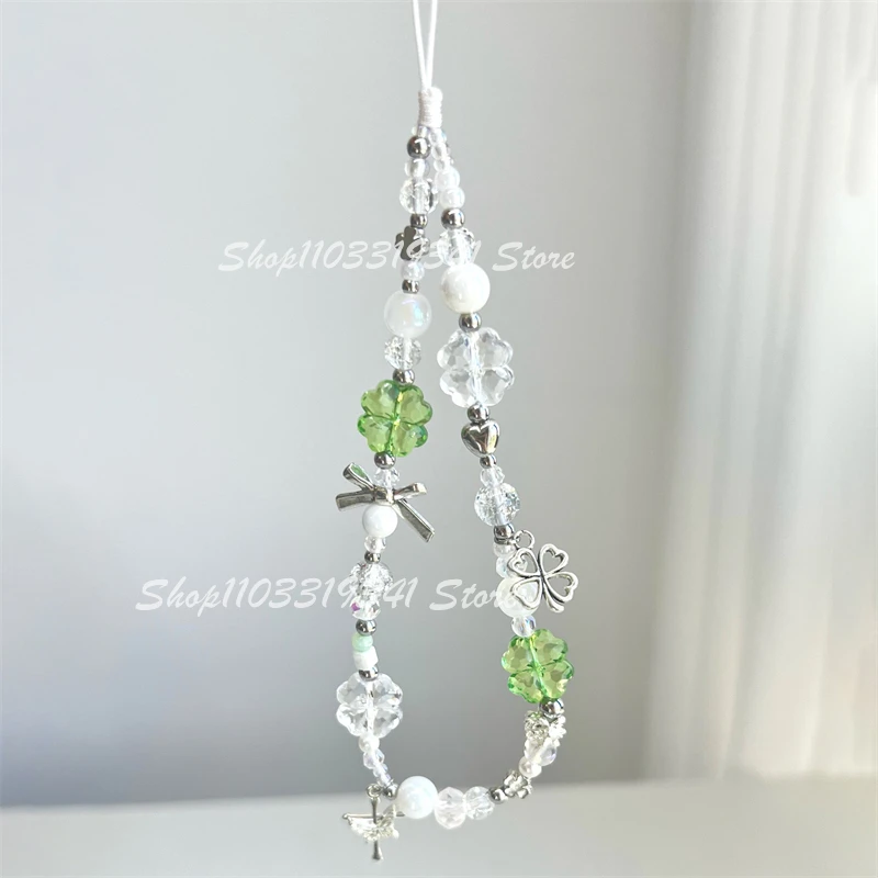 

Корейский милый зеленый прозрачный брелок-подвеска с четырехлистным клевером из бисера для телефона, аксессуаров, сумок, подарок