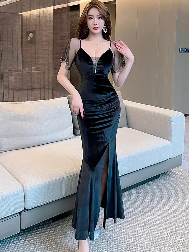 2025 เกาหลีBodyconชุดราตรีฤดูใบไม้ร่วงฤดูหนาวกํามะหยี่สีฟ้าChicเพชรSheerเซ็กซี่คลับชุดผู้หญิงElegant Luxury Long Robe