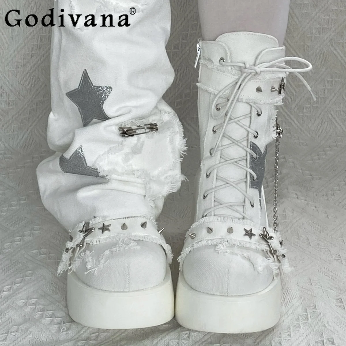 

Personality Y2K Platform Shoes Hot Girl Streetwear Thick Bottom Canvas High Heels All Match Stars Rivet Female Ankle Boots