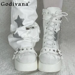 Personality Y2K Platform Shoes Hot Girl Streetwear Thick Bottom Canvas High Heels All Match Stars Rivet Female Ankle Boots
