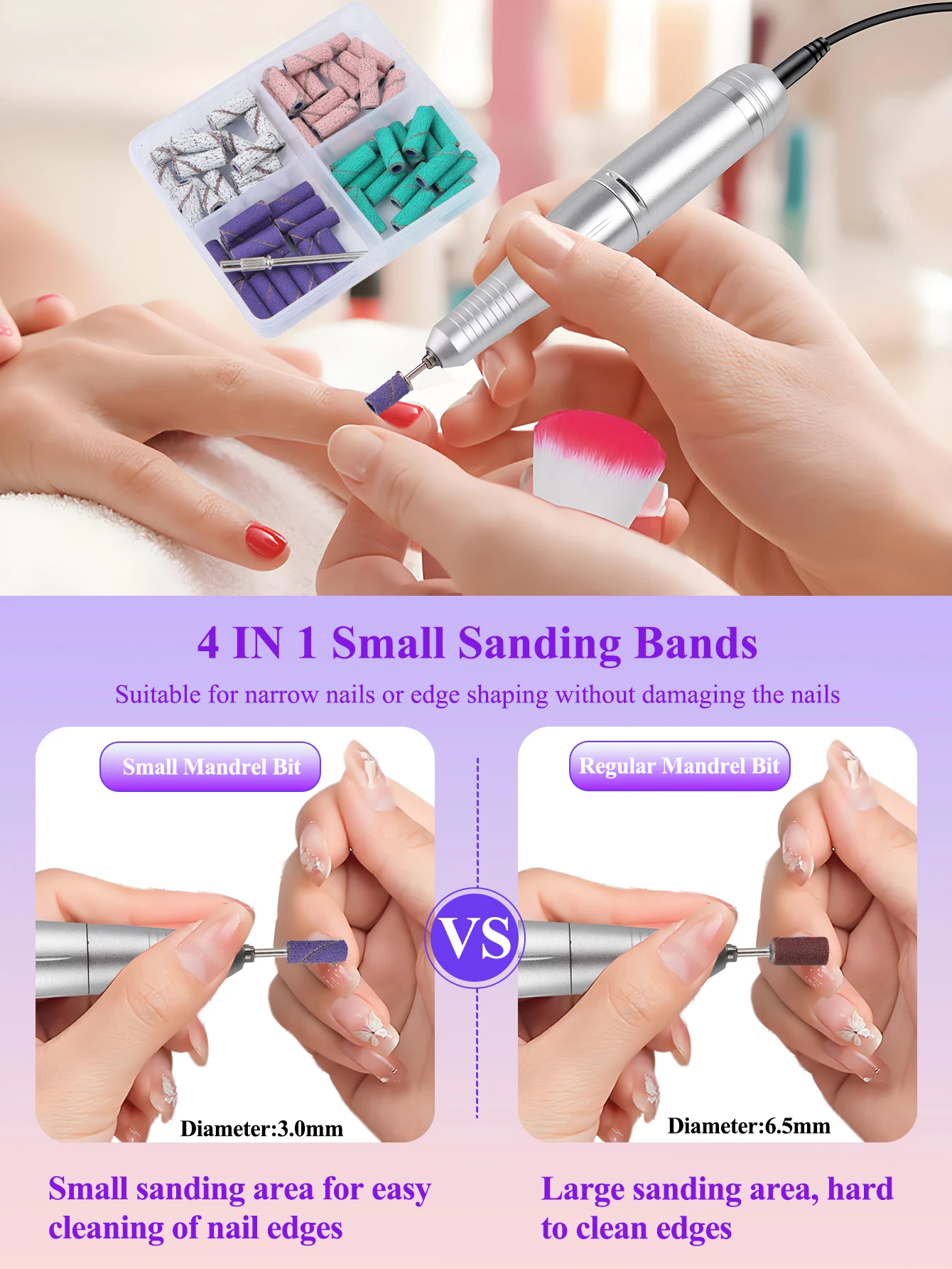 60 ชิ้น/กล่อง 3 มม.ขนาดเล็ก Mini เล็บ Sanding Bands ชุด 1 ชิ้นเพลาโลหะสําหรับอะคริลิคและเจลกําจัด 80 # 120 # 180 # 240 #