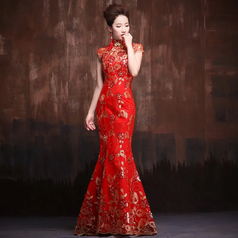 

The bride's wedding toasting dress red welcoming cheongsam fishtail performance choral ceremonial long style
