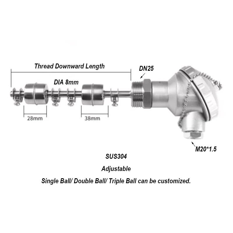 1PC Adjustable Thread Type Double Floating Ball Switch SUS304 Liquid Level Controller Length 8mm x 100mm-600mm DN25 -20-120℃ view 3