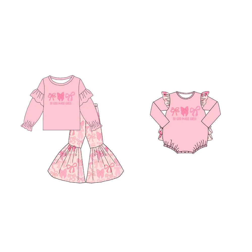 

Children's long-sleeved short-length romper matching set with lace and bow print custom-made and wholesale in milk silk