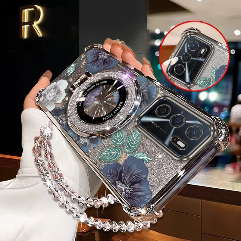 

A 16 Purple flowers Plating Bracelet Holder Phone Case For OPPO A95 A57S A78 A77 A57 A94 A77S A16 A96 A57E A97 A74 A58 A72 Cover