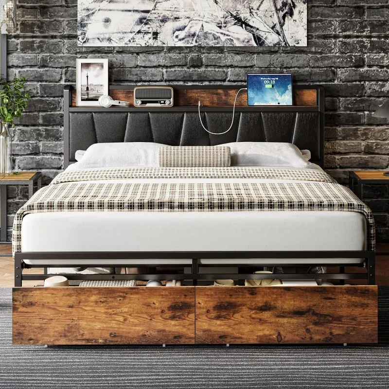 King Size Bed Frame, Storage Headboard with Charging Station, Platform Bed with Drawers, No Box Spring Needed