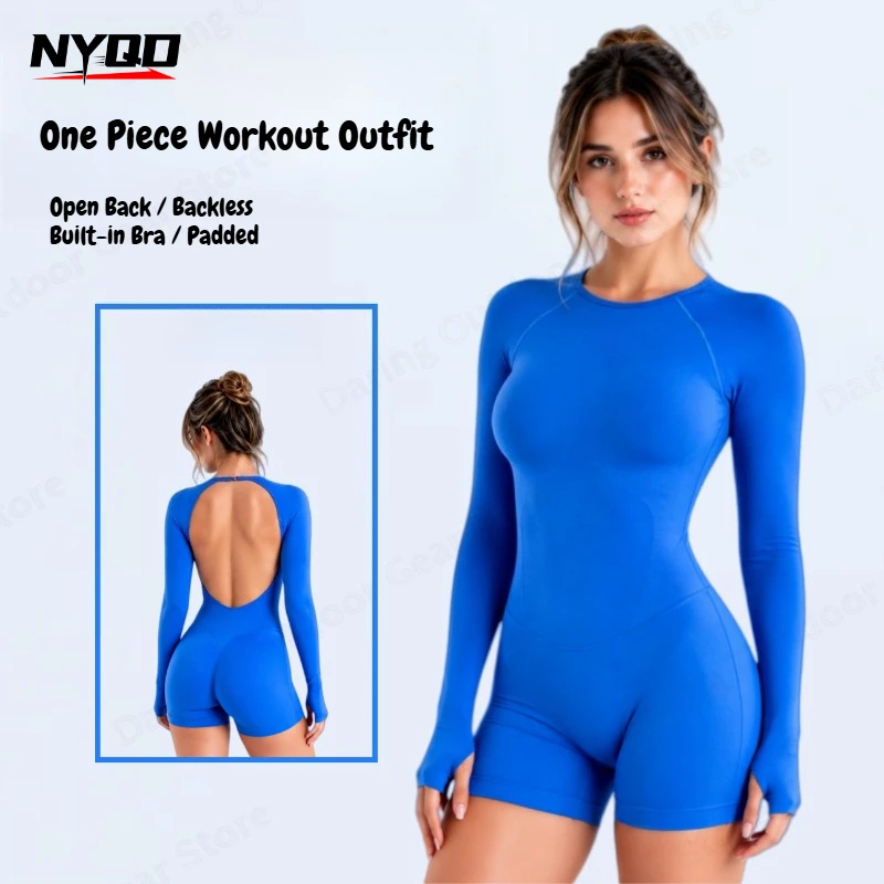 Seamless Long Sleeve Backless Yoga Jumpsuit Women With Built-in Bra Thumb Hole Slim One Piece Workout Shorts Gym Bodysuit