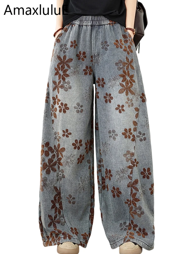 

Amax LuluE Spring Womens Fashion Loose Printed Jeans Ladies Vintage Denim Wide Leg Pants Luxury Leisure Classic Floral Trousers