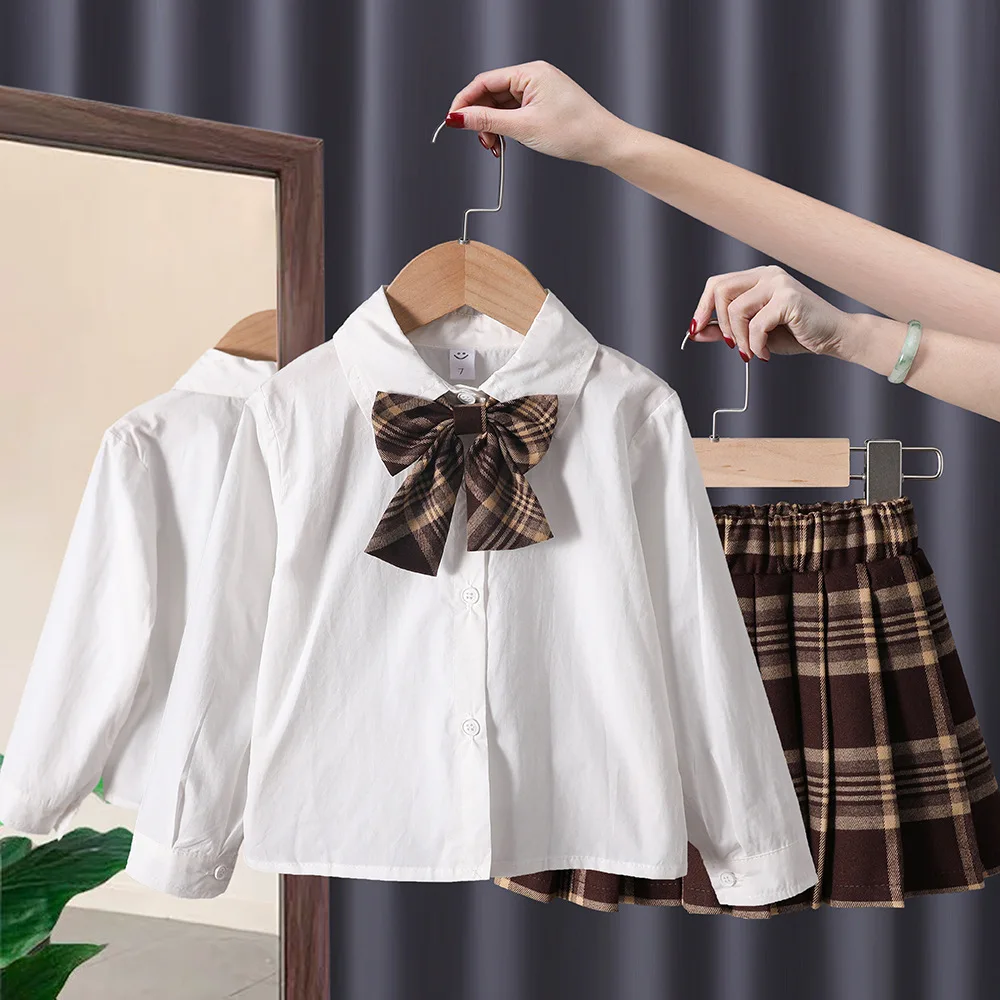 Girls Sweet  Suits Autumn Outfit  Baby College Wind Spring Grid Pleated Skirt+Sweater Cardigan+Shirt 3pcs Sets Kids