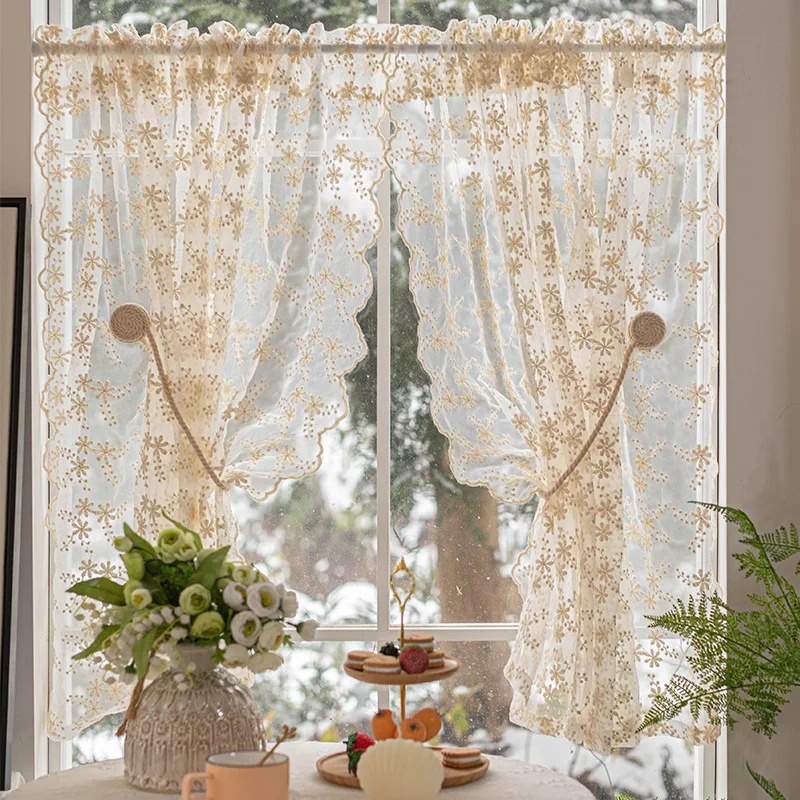 Korean Lace Embroidery Semi-Shading Curtain Cozy Sheer Window Drapes with Rod Pocket Soft Partition Door Curtain for Living Room
