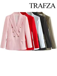 TRAFZA Fashion Women Long Sleeve Lapel Fake Pocket Decorate Suit Outerwear Women Elegant Double-Breasted Solid Five Colors Suit