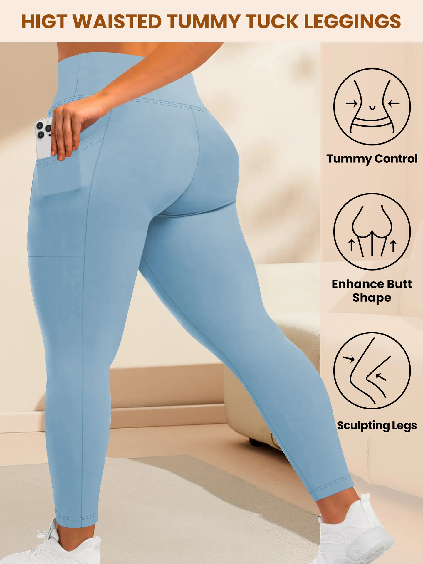 Damen-Yogahose mit hoher Taille, Übergröße, Po-Lifting-Workout-Leggings mit Taschen, elastische Activewear für Fitnessstudio und Laufen – Detail 14