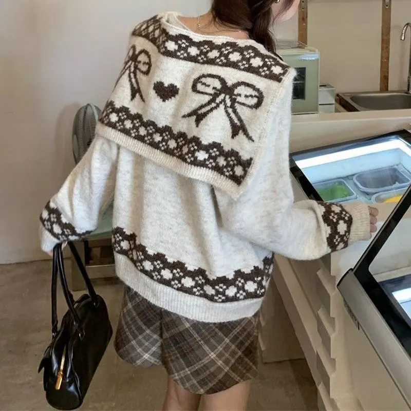 Conjunto de duas peças com cordão xale pullovers malha outono inverno novo coreano com decote em v roupas femininas vintage jacquard tecer suéteres