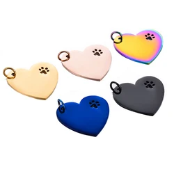 10Pcs/lot High Quality Paw Print Tags Pendant Charm Dog ID Stainless Steel Polished Heart Blank Dog Tags 5 colors