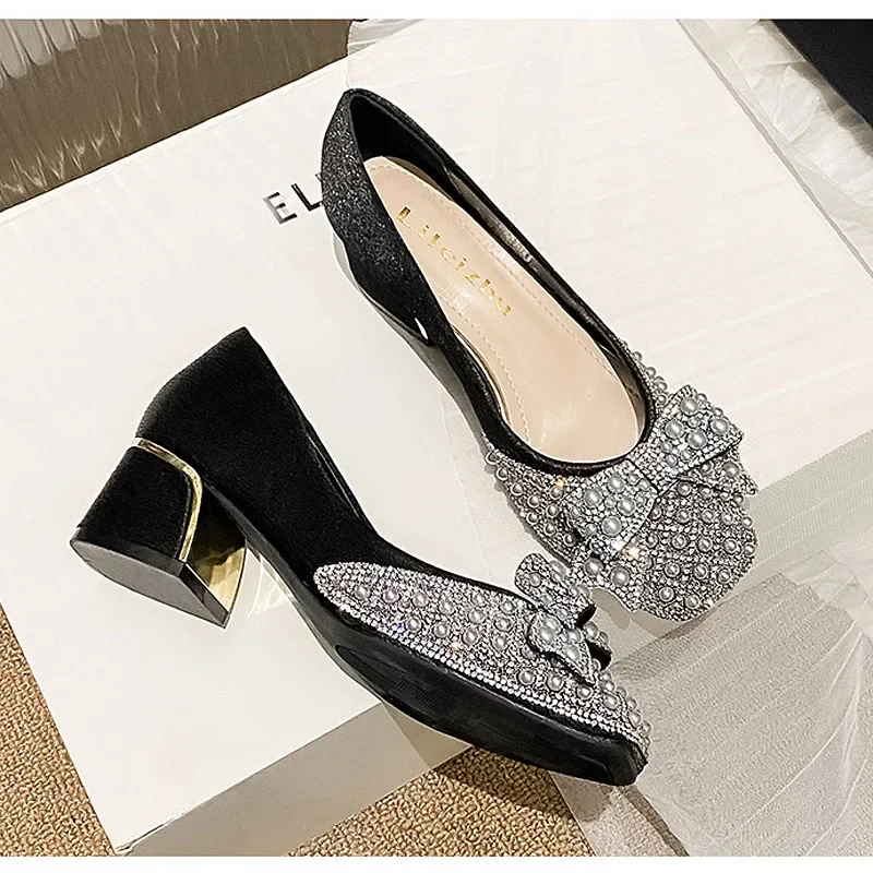 

Shoes for Women Luxury Pumps Spring Party Pearl Bowknot Square Casual High Heels Shoes Girl Rhinestone Dress Shoes 35-43