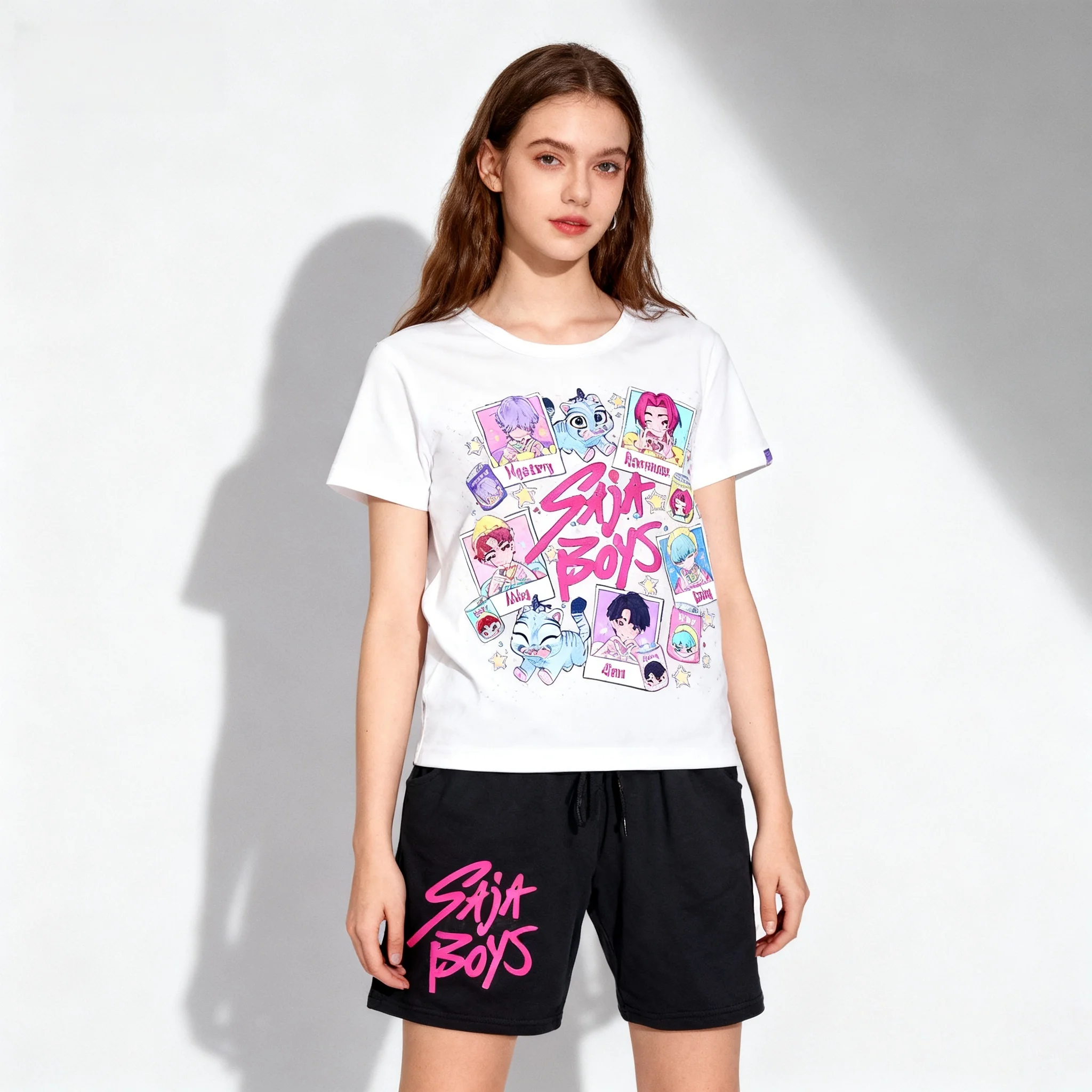 

Summer KPOP Gaza Boys Sweet Cool Set American Korean Style Street T-shirt Shorts Lazy Style Oversized Women Adult Children