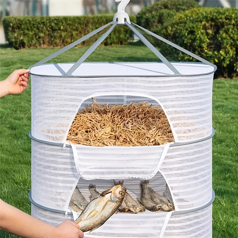 Foldable Drying Rack with Zipper 3 Layer Mesh Dryer for Herbs, Fruits, Vegetables & Fish  with Carry Handles