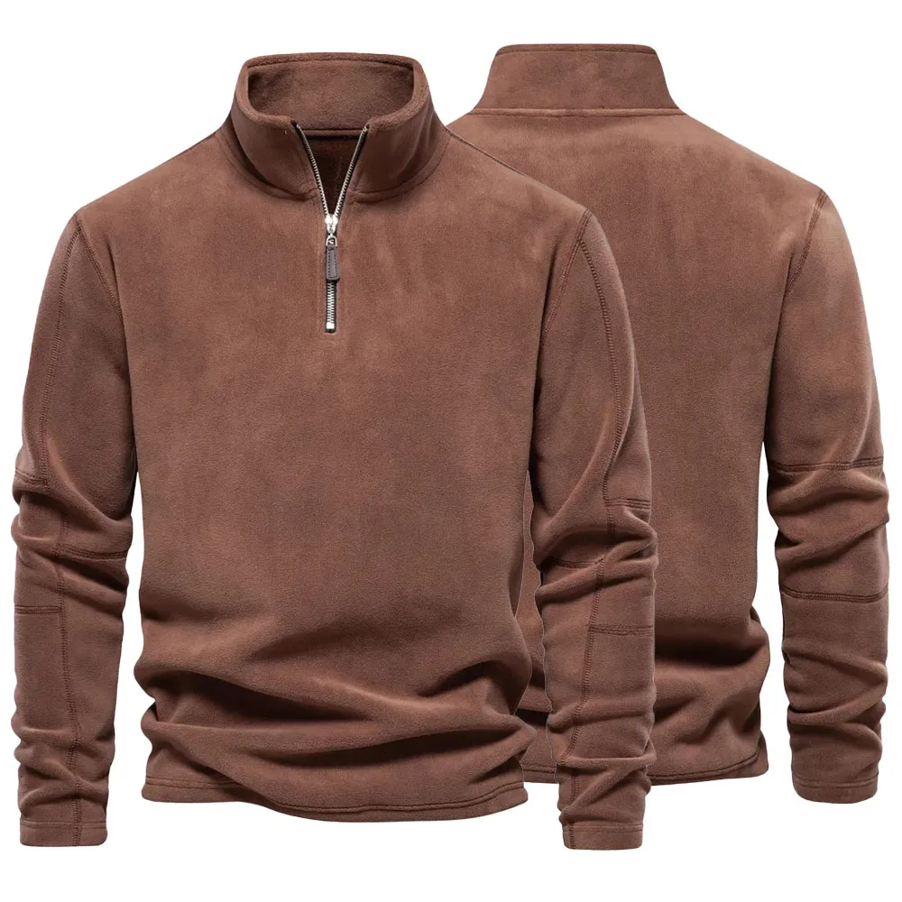 New Winter Sweatshirts for Men Solid Color Thicken Warm Jacket Zipper Neck Pullover Sweatshirt Quality Fleece Men\'s Colthing