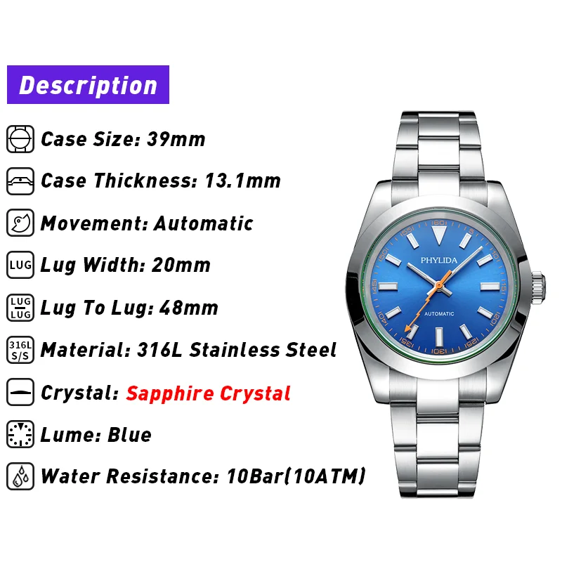 PHYLIDA 39 мм автоматические механические роскошные повседневные часы с синим циферблатом и оранжевыми стрелками, классические, без даты, 100 м WR