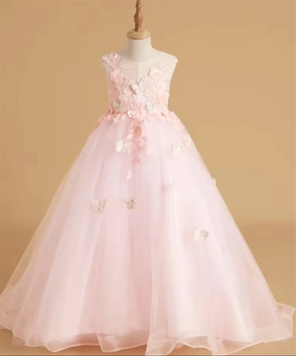 

Elegant Blue Girl Dress with Butterfly Long Kids Princess Birthday Wedding Party First Communion Ball Gown
