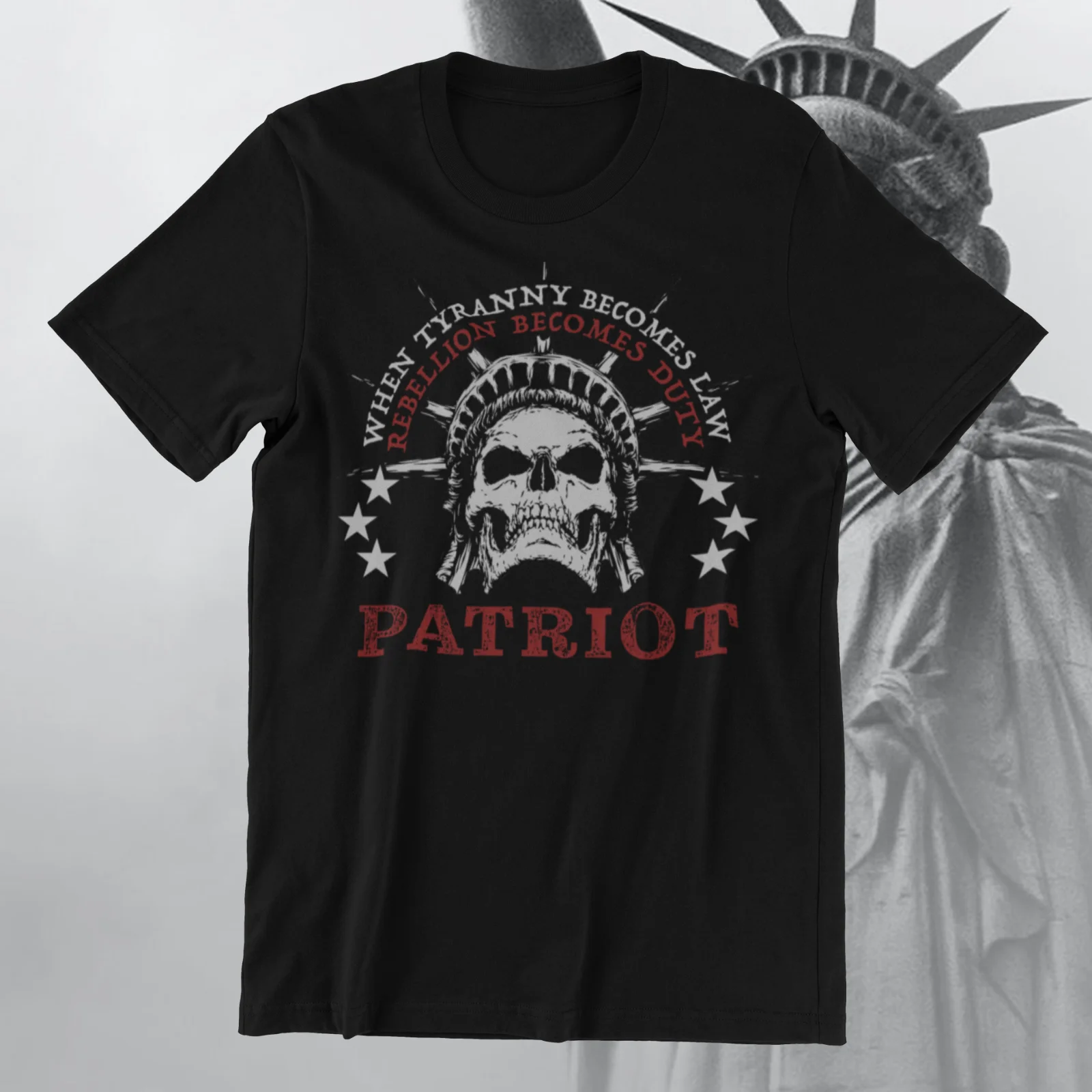 AMERICAN PATRIOT Freedom T-Shirt Statue of Liberty Skull on Ring Spun Cotton Tee