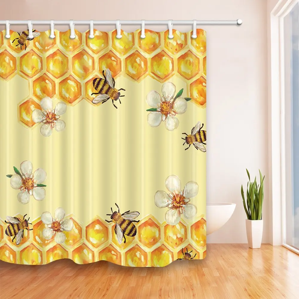 Bee in Flower Take Honey Shower Curtain Waterproof Polyester Fabric Bathroom Fantastic Decorations Bath Curtains Hooks Included