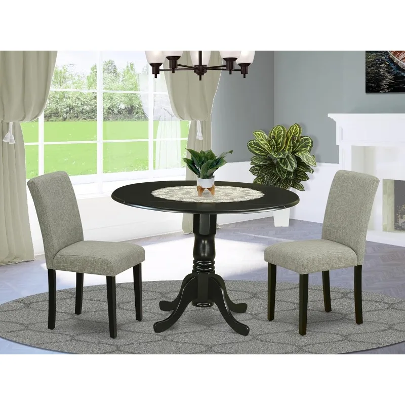 3 Piece Dinette Set for Small Spaces Contains A Round Dining Table with Dropleaf and 2 Shitake Linen Fabric Upholstered Chairs