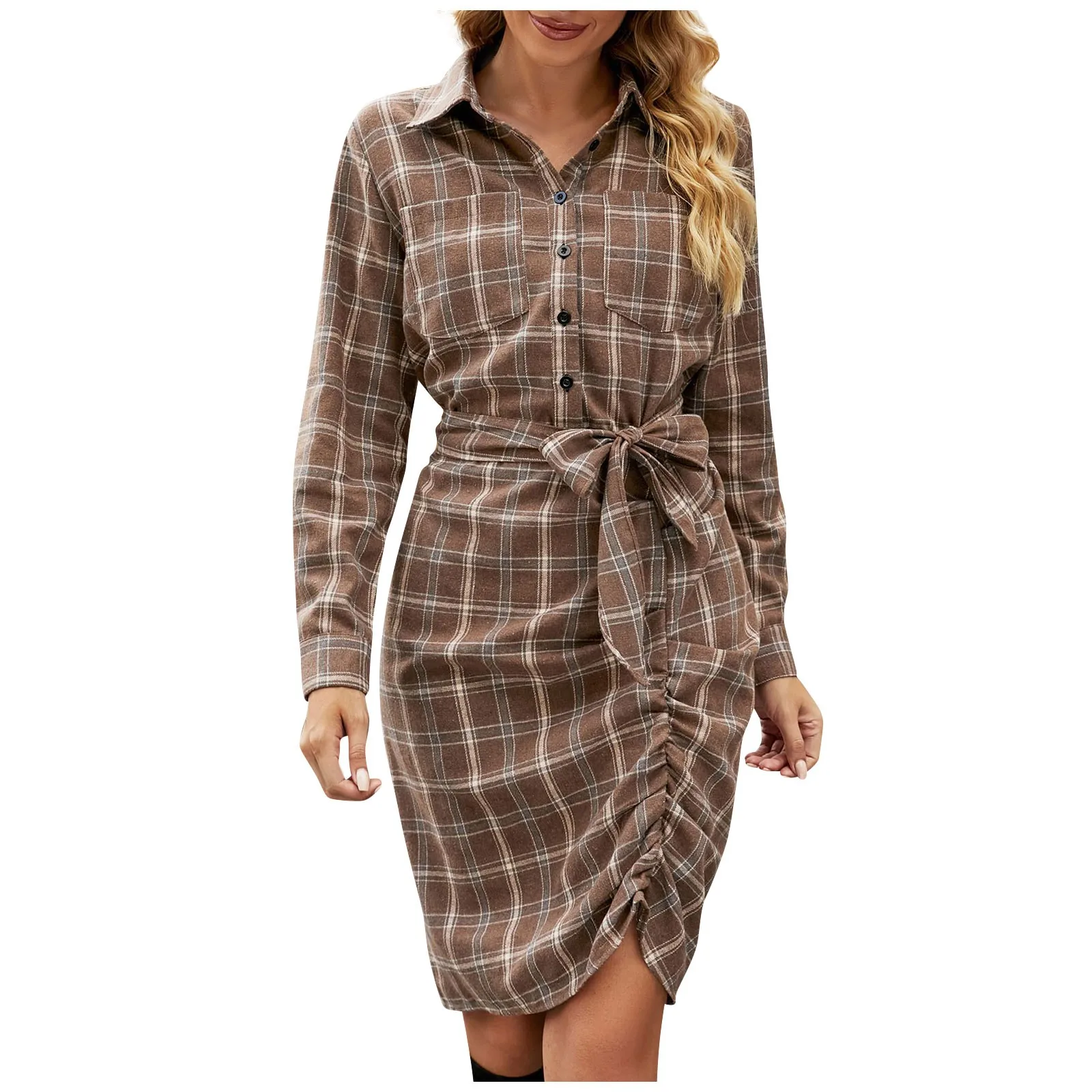 Women's Fashion Casual Tie Waist Shirt Long Sleeve Lapel Short Skirt Plaid Dress