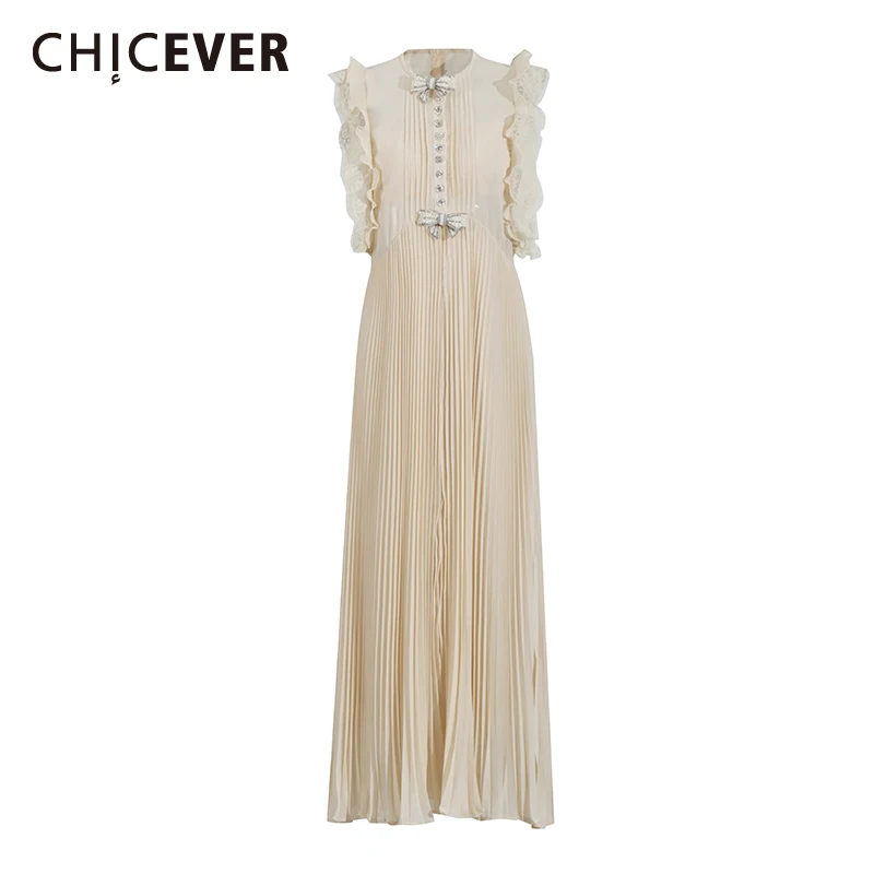CHICEVER Solid Spliced Lace Chic Dress Female O Neck Sleeveless Patchwork Bow Romantic Women's Dresses Summer Fashion New Style