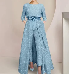 Jumpsuit / Pantsuit 2 Piece Mother of the Bride Dress Formal Wedding Guest Elegant Ankle Length Satin Sleeve with Bow(s) 2024