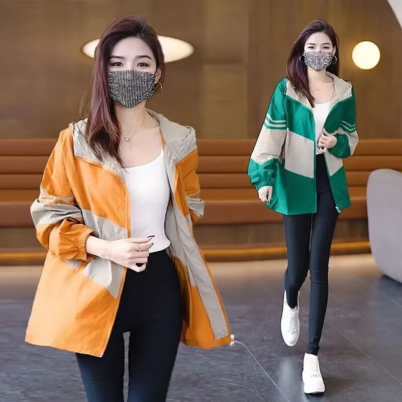 

Splicing Ice Silk Women's Sunscreen Short Coat 2025 Summer Female Loose Korean Jacket Hooded Sun-protective Clothing Overwear